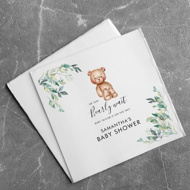 Bearly Wait Eucalyptus Script Baby Shower Paper Napkin (We Can Bearly Wait Woodland Animals Bear Baby Shower Paper Napkins)