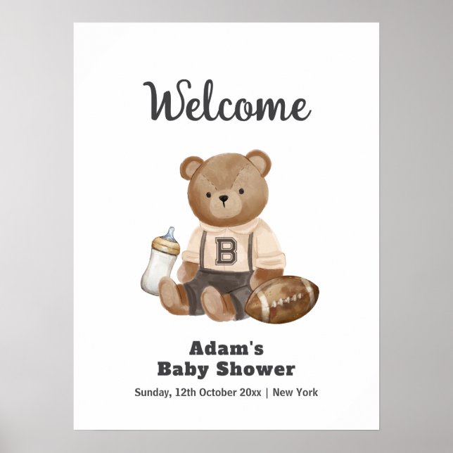 Bearly Wait Football Sport Baby Shower Welcome Poster (Front)