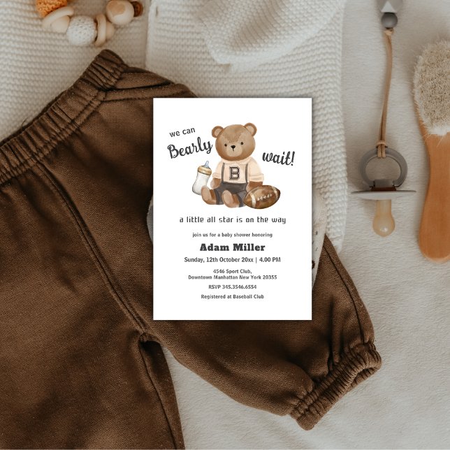 Bearly Wait Football Sport Boy Baby Shower  Invitation (Bearly Wait Football Sport Boy Baby Shower Invitation)