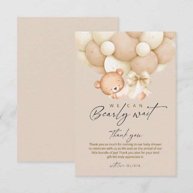 Bearly Wait Gender Neutral Baby Shower    Thank You Card (Front/Back)