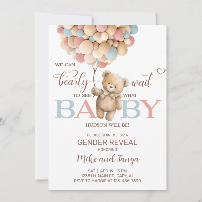 Bearly wait gender reveal invite, bear balloons. invitation (Front)