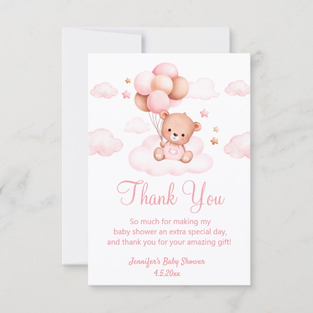 bearly wait, girl baby shower cute bear pink thank you card (Front)