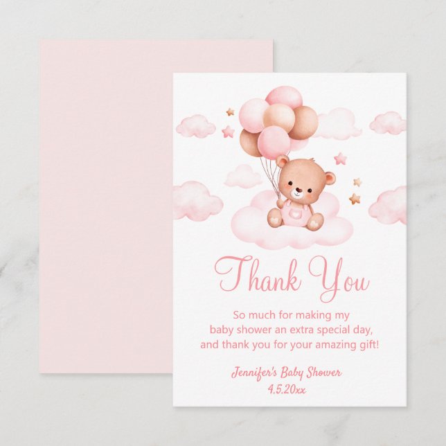 bearly wait, girl baby shower cute bear pink thank you card (Front/Back)