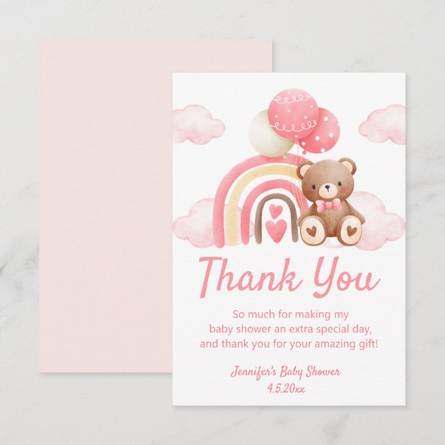 bearly wait, girl baby shower teady bear pink  thank you card (Front/Back)
