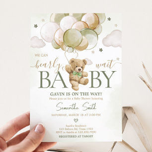 Bearly Wait Green Balloon Baby Shower Invitation