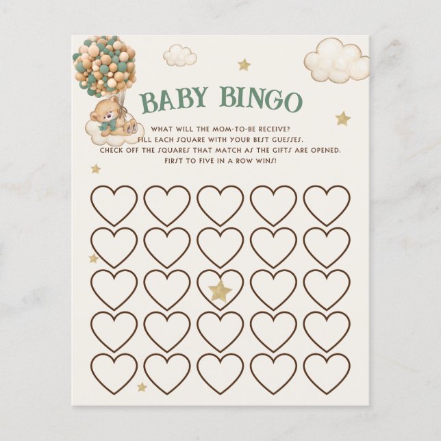 Bearly Wait Green Balloons Baby Shower Bingo Game (Front)