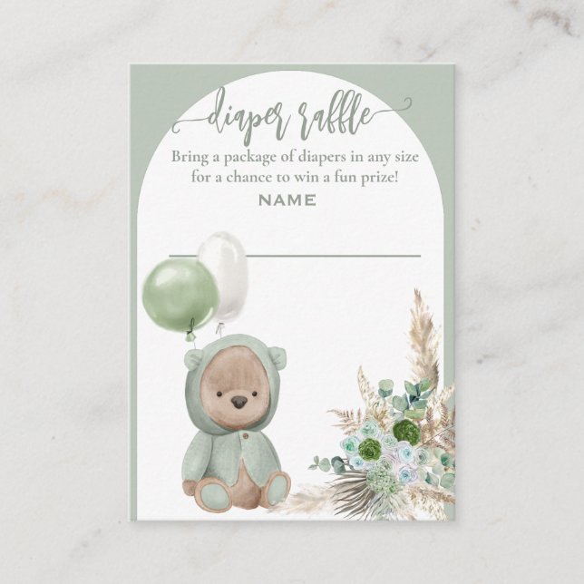 Bearly Wait Green Boho Bear Diaper Raffle Enclosure Card (Front)