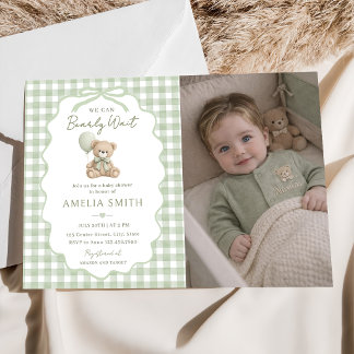 Bearly Wait Green Teddy Bear Baby Shower Photo Invitation