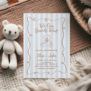 Bearly Wait Hand Drawn Blue Stripes Baby Shower Invitation