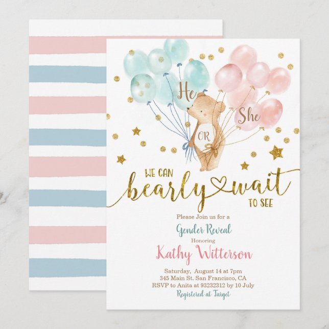 Bearly Wait He or She Gender Reveal Baby Shower Invitation (Front/Back)