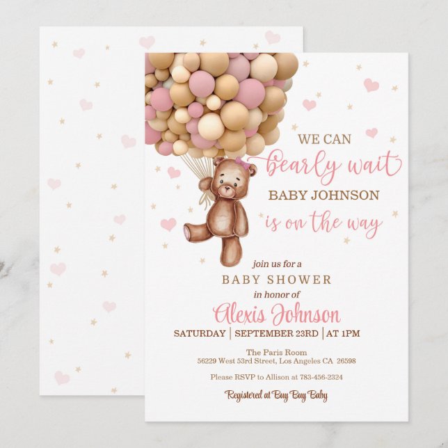 Bearly Wait Hot Air Balloon Baby Shower (Girl) Invitation (Front/Back)