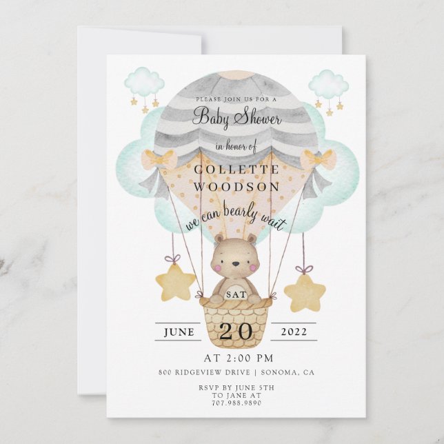 Bearly Wait Hot Air Balloon Baby Shower Invitation (Front)