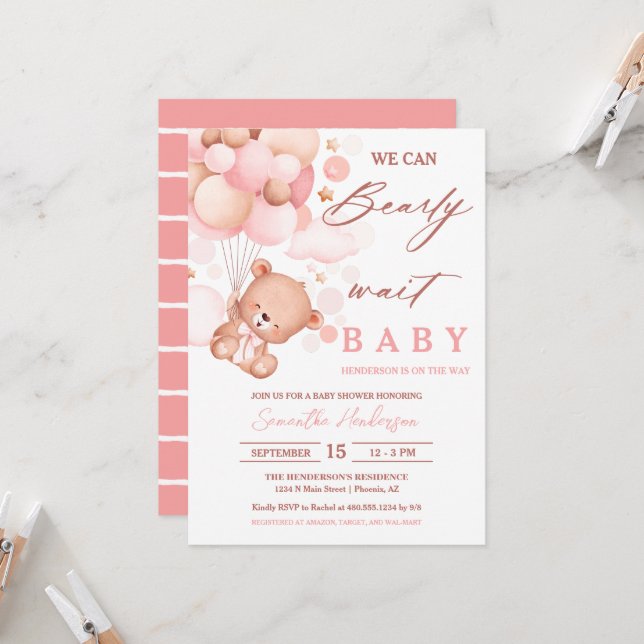 Bearly Wait Hot Air Balloon Baby Shower Pink Invitation (Front/Back In Situ)