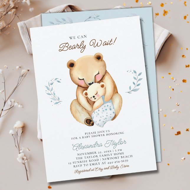 Bearly Wait Mama Bear Cub Woodland Baby Boy Shower Invitation (we can bearly wait baby boy shower invitation mama bear cub woodland forest cute sweet animal)