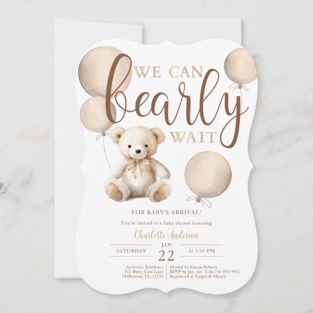 Bearly Wait Neutral Balloon Teddy Bear Baby Shower Invitation (Front)