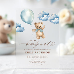 Bearly Wait Neutral Beige & Blue Boy Baby Shower Acrylic Invitations