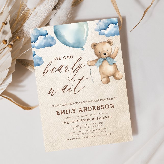 Bearly Wait Neutral Beige & Blue Boy Baby Shower Invitation (Creator Uploaded)