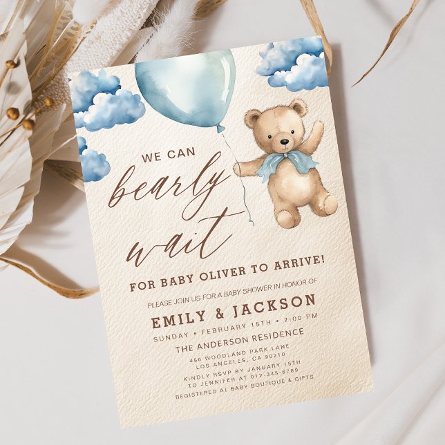Bearly Wait Neutral Beige & Blue Boy Baby Shower Invitation (Creator Uploaded)