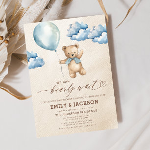 Bearly Wait Neutral Beige & Blue Boy Baby Shower Invitation