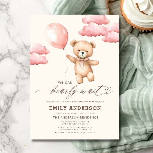 Bearly Wait Neutral Beige & Pink Girl Baby Shower Invitation (Creator Uploaded)