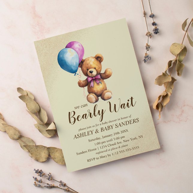 Bearly Wait Neutral, Blue and Pink Baby Shower Invitation (Creator Uploaded)