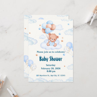 Bearly Wait Neutral, Blue and White Baby Shower In Invitation