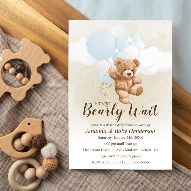 Bearly Wait Neutral, Blue and White Baby Shower Invitation (Creator Uploaded)