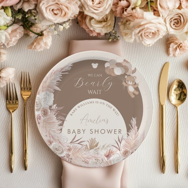 Bearly Wait Neutral Teddy Bear Boho Pampas Paper Plate (Creator Uploaded)