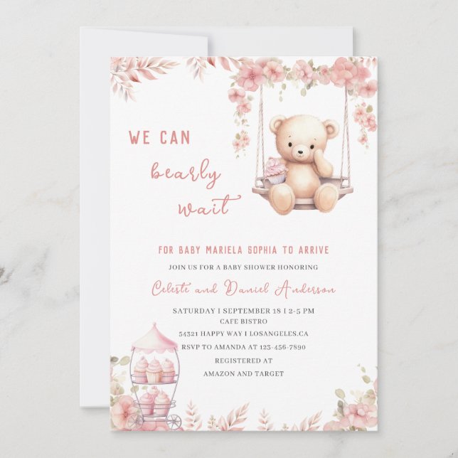 Bearly wait Pink Baby Shower WatercolorInvitation Invitation (Front)