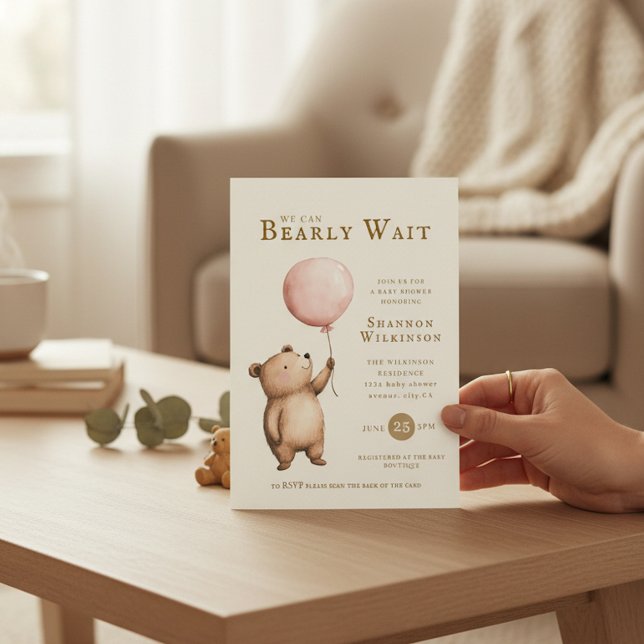 Bearly Wait Pink Balloon Baby Shower QR Code  Invitation (Creator Uploaded)
