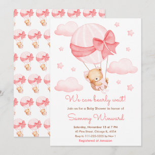 Bearly Wait Pink Balloon Girl Baby Shower Invitation
