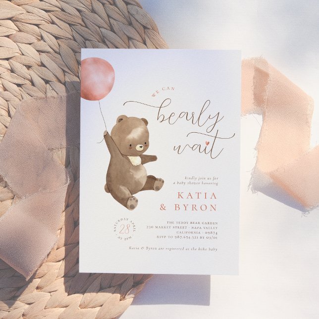 Bearly Wait Pink Balloon & Teddy Bear Baby Shower Invitation (Creator Uploaded)