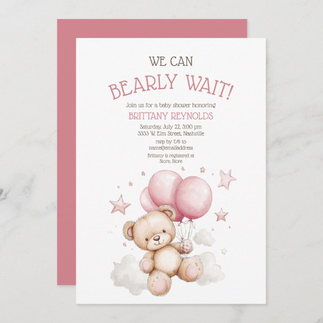 Bearly Wait Pink Bear Baby Shower Invitation (Front/Back)