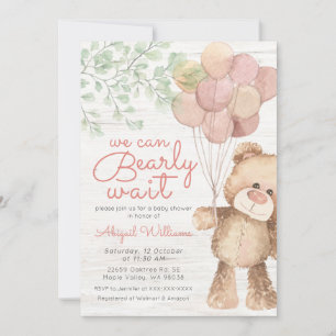 "Bearly Wait" Pink Bear Balloons, Girl Baby Shower Invitation