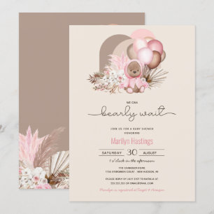 Bearly Wait Pink Boho Teddy Bear Girl Baby Shower  Invitation