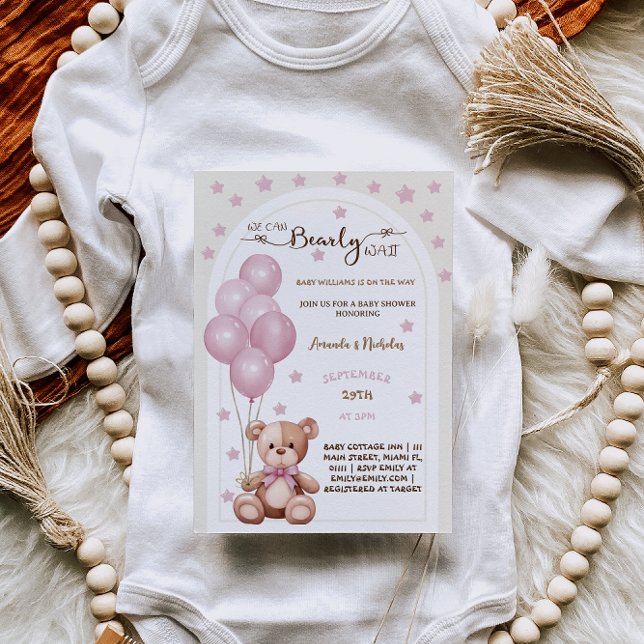 Bearly Wait Pink Rustic Balloons Baby Girl Shower  Invitation (Creator Uploaded)