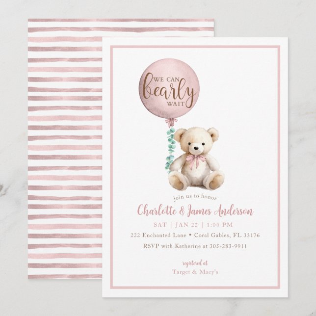 Bearly Wait Pink Teddy Bear Baby Shower Invite (Front/Back)