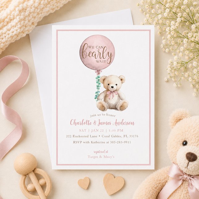 Bearly Wait Pink Teddy Bear Baby Shower Invite (Pink Bearly Baby Shower Invite)