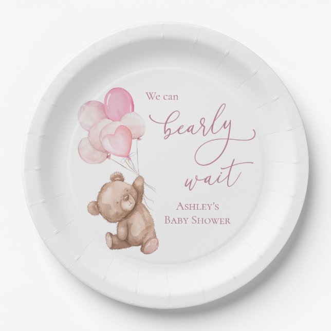 Bearly Wait Pink Teddy Bear Baby Shower Paper Plate (Front)