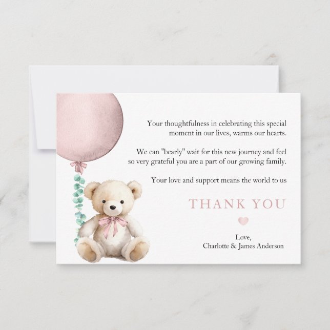 Bearly Wait Pink Teddy Bear Baby Thank You Card (Front)