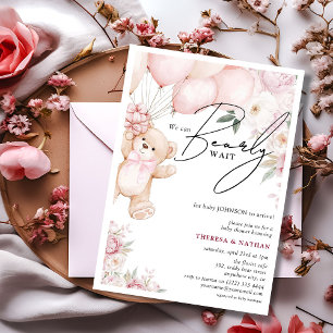 Bearly Wait Pink Teddy & Florals Girl Baby Shower Invitation