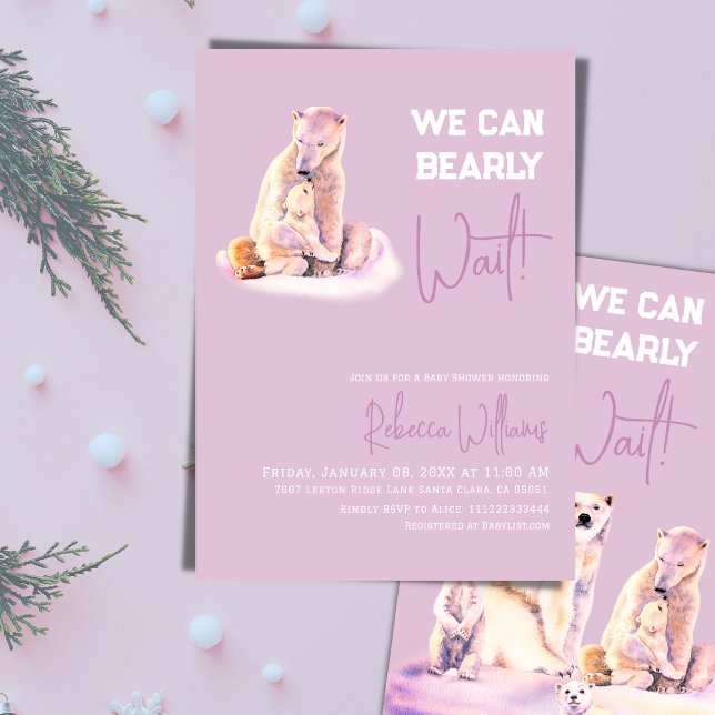 Bearly Wait Polar Bear Pink Winter Baby Shower Invitation (Creator Uploaded)
