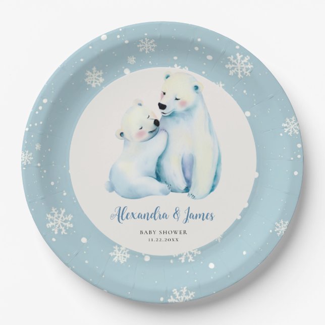 Bearly Wait Polar Mama Bear Cub Baby Boy Shower Paper Plate (Front)