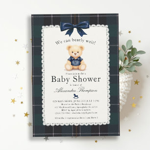 Bearly Wait Polo Bear Plaid Tartan Bow Baby Shower Invitation