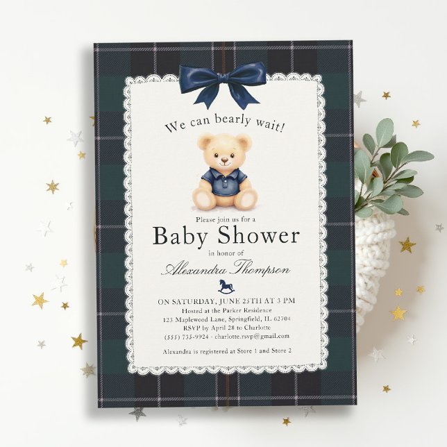 Bearly Wait Polo Bear Plaid Tartan Bow Baby Shower Invitation (bearly wait baby shower invitation traditional classic nursery decor teddy bear bow plaid tartan)