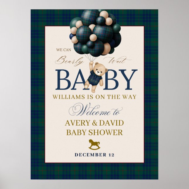 Bearly Wait Preppy Teddy Balloon Baby Shower Poster (Front)