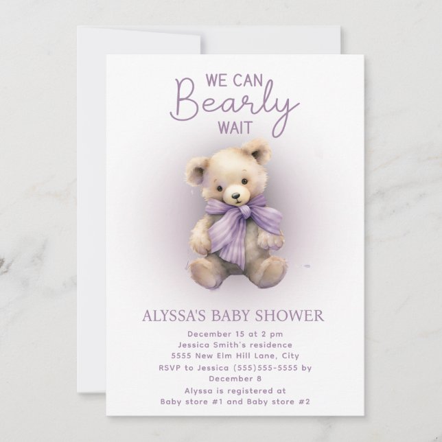 Bearly Wait Purple Lavender Baby Shower Invitation (Front)