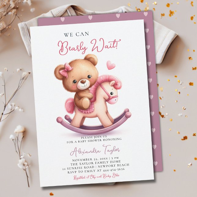 Bearly Wait Rocking Horse Bow Baby Girl Shower Invitation (we can bearly wait baby girl shower invitation teddy bear cute rocking chair cowboy western pink bow)