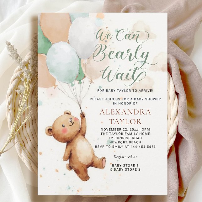 Bearly Wait Sage Green Tan Teddy Baby Boy Shower Invitation (bearly wait baby shower invitation boy sage green balloons whimsical calligraphy watercolor teddy)