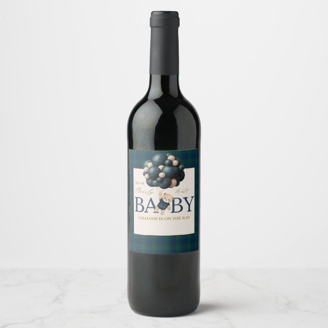 Bearly Wait Teddy Balloon Baby Shower books Wine Label (Front)
